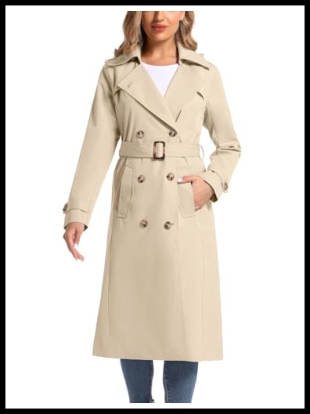 Waterproof Long Trench Coat Double Breasted Belted Hooded Women's Overcoat